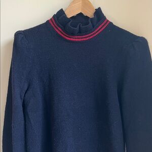 Sandro Paris Navy and red striped Sweater with Ruffle Collar and sleeves.